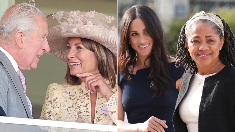 Side-by-side photos of King Charles with Carole Middleton and Meghan Markle with Doria Ragland