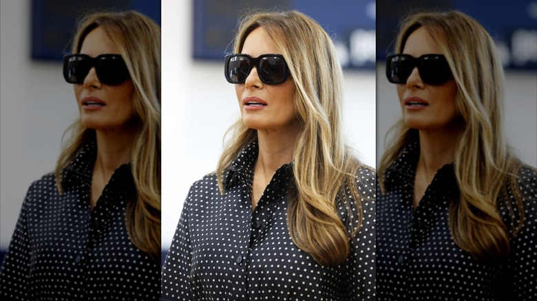 Melania Trump talking to reporters after casting her vote at the polling place in the Morton and Barbara Mandel Recreation Center on Election Day
