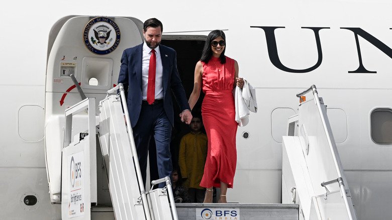 JD and Usha Vance exit Air Force 2 in New Delhi.