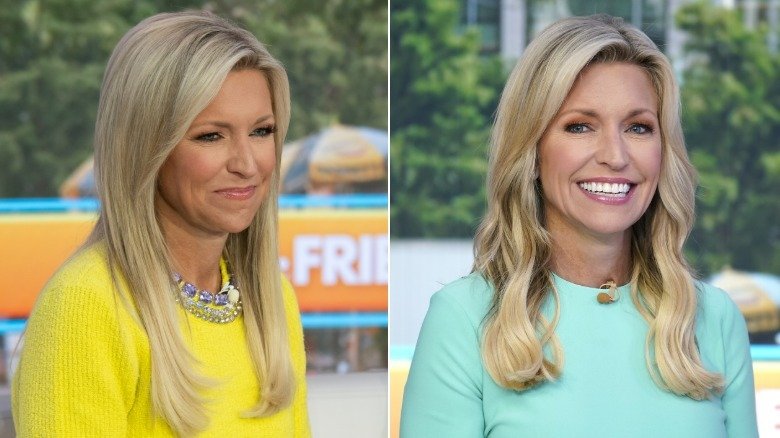 Split image of Ainsley Earhardt with straight and curled hair