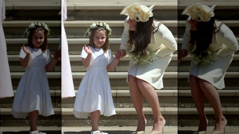 Princess Charlotte and Catherine, Duchess of Cambridge leaving St George's Chapel after the wedding of Prince Harry and Meghan Markle in St George's Chapel at Windsor Castle